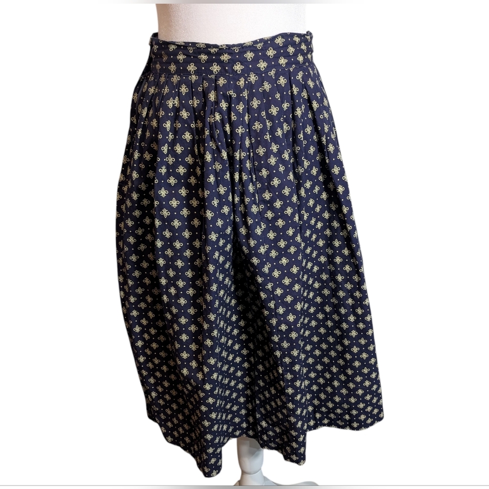 Vintage Cambridge Dry Goods Navy Fleur de Lis 100% Cotton Midi Skirt Women's 8